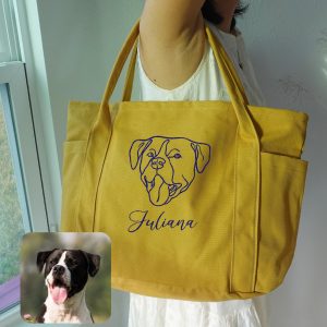 Custom Embroidered Pet Portrait Tote Bag: Personalized Canvas Dog Purse