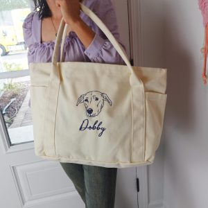 Custom Embroidered Pet Portrait Tote Bag with Zipper & Pockets: Extra Large Personalized Canvas Dog Cat Shoulder Bag, Durable Everyday Totes