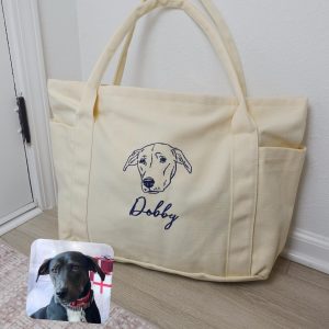 Custom Embroidered Pet Portrait Tote Bag with Zipper & Pockets: Extra Large Personalized Canvas Dog Cat Shoulder Bag, Durable Everyday Totes