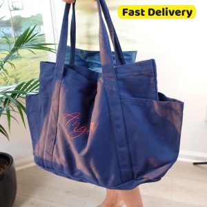Custom Embroidery Extra Large Canvas Tote Bag, Tote Bag With Pockets, Personalized Gifts, Totebag, Totes, Big Shoulder Bags.