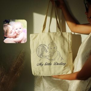 Custom Embroidery Family Photo Large Tote Bag with Pockets,  Gift Wedding Anniversary Bag, Love Anniversary Gift, Valentine's Day Gift Bags.