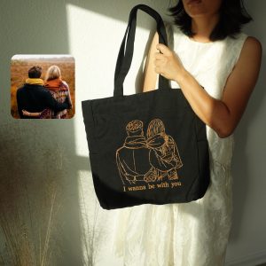 Custom Embroidery Family Photo Large Tote Bag with Pockets, Gift Wedding Anniversary Bag, Love Anniversary Gift, Valentine's Day Gift Bags.