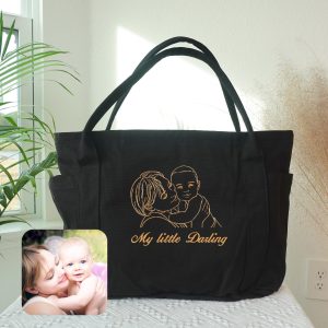 Custom Family Portrait Tote Bag: Personalized Embroidered Canvas Shoulder Handbag from Photo, Baby or Child Face Purse, Unique Gift for Her