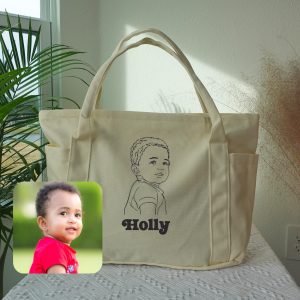 Custom Family Portrait Tote Bag: Personalized Embroidered Canvas Shoulder Handbag from Photo, Baby or Child Face Purse, Unique Gift for Her