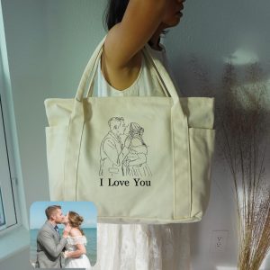 Custom From Photo Couple Gift Embroidery Tote Bag, Valentine's Day Totes, Personalized Totebag, Romantic Shoulder Bags, Gift For Her Him.