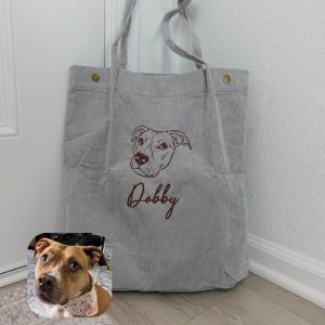Custom Pet Portrait Corduroy Tote Bag, Personalized Embroidered Dog & Cat Shoulder Bag, Unique Gift for Pet Mom, Animal Lovers, Everyday Use