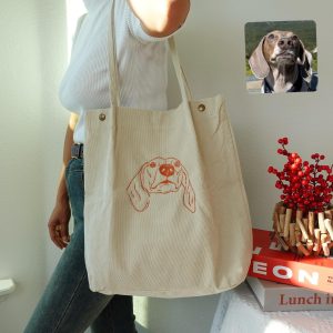 Custom Pet Portrait Corduroy Tote Bag, Personalized Embroidered Dog & Cat Shoulder Bag, Unique Gift for Pet Mom, Animal Lovers, Everyday Use