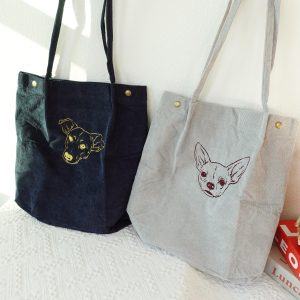 Custom Pet Portrait Corduroy Tote Bag, Personalized Embroidered Dog & Cat Shoulder Bag, Unique Gift for Pet Mom, Animal Lovers, Everyday Use