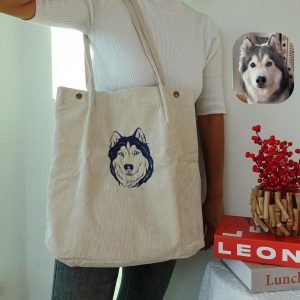 Custom Pet Portrait Corduroy Tote Bag, Personalized Embroidered Dog & Cat Shoulder Bag, Unique Gift for Pet Mom, Animal Lovers, Everyday Use