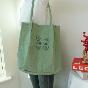 Custom Pet Portrait Corduroy Tote Bag, Personalized Embroidered Dog & Cat Shoulder Bag, Unique Gift for Pet Mom, Animal Lovers, Everyday Use