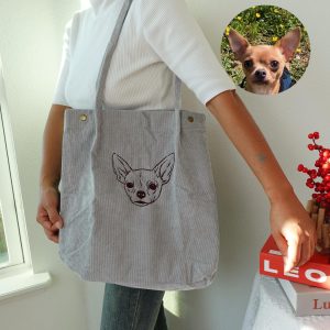 Custom Pet Portrait Corduroy Tote Bag, Personalized Embroidered Dog & Cat Shoulder Bag, Unique Gift for Pet Mom, Animal Lovers, Everyday Use