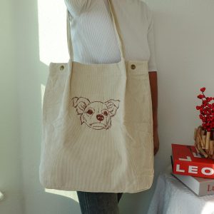 Custom Pet Portrait Corduroy Tote Bag, Personalized Embroidered Dog & Cat Shoulder Bag, Unique Gift for Pet Mom, Animal Lovers, Everyday Use