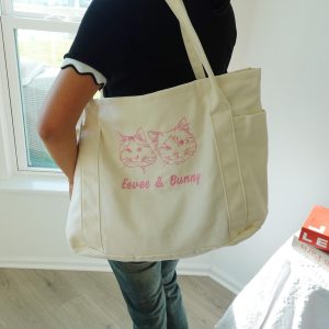Custom Pet Portrait Tote Bag: Embroidered Cat or Dog Canvas Travel Bag, Large Cat Lover Totes, Personalized Handbag, Pet Face Totebag.