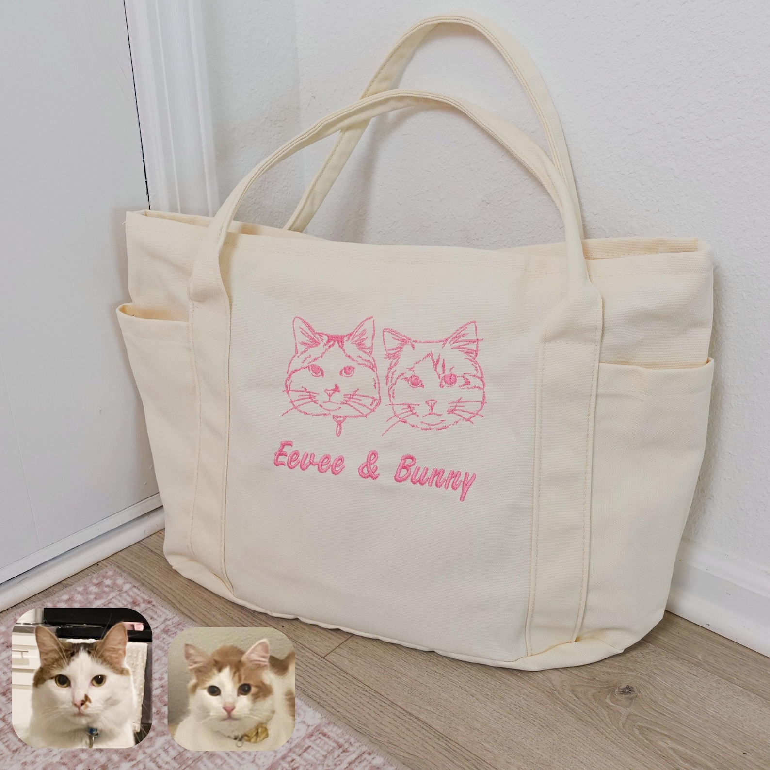 Custom Pet Portrait Tote Bag: Embroidered Cat or Dog Canvas Travel Bag, Large Cat Lover Totes, Personalized Handbag, Pet Face Totebag.