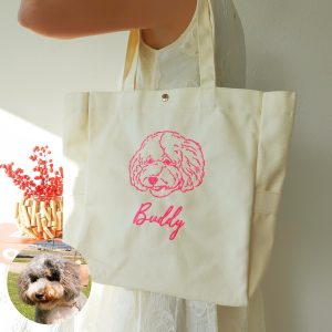 Custom Pet Portrait Tote Bag –Personalized Dog Cat Face Embroidery Bag, Canvas Shoulder Tote, Personalized Dog Mom Gift Durable Everyday Bag