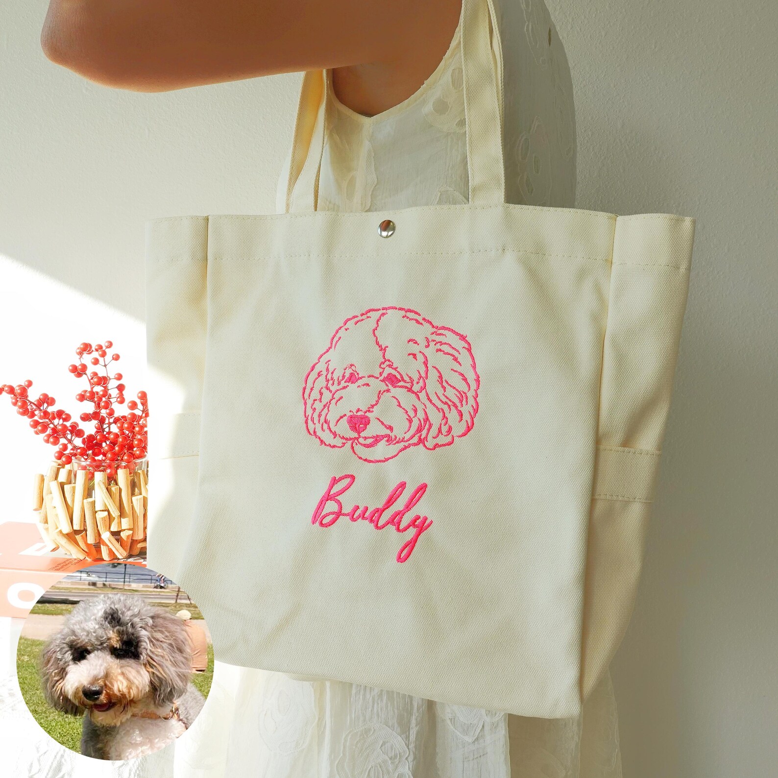 Custom Pet Portrait Tote Bag –Personalized Dog Cat Face Embroidery Bag, Canvas Shoulder Tote, Personalized Dog Mom Gift Durable Everyday Bag