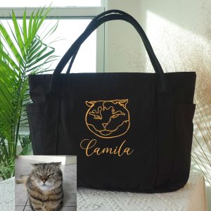 Custom Pet Portrait Tote Bag – Personalized Embroidered Dog Cat Tote, Custom Canvas Bag with Pet Name, Gift for Pet Lovers.