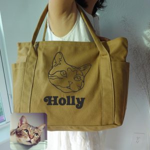 Custom Pet Portrait Tote Bag – Personalized Embroidered Dog Cat Tote, Custom Canvas Bag with Pet Name, Gift for Pet Lovers.