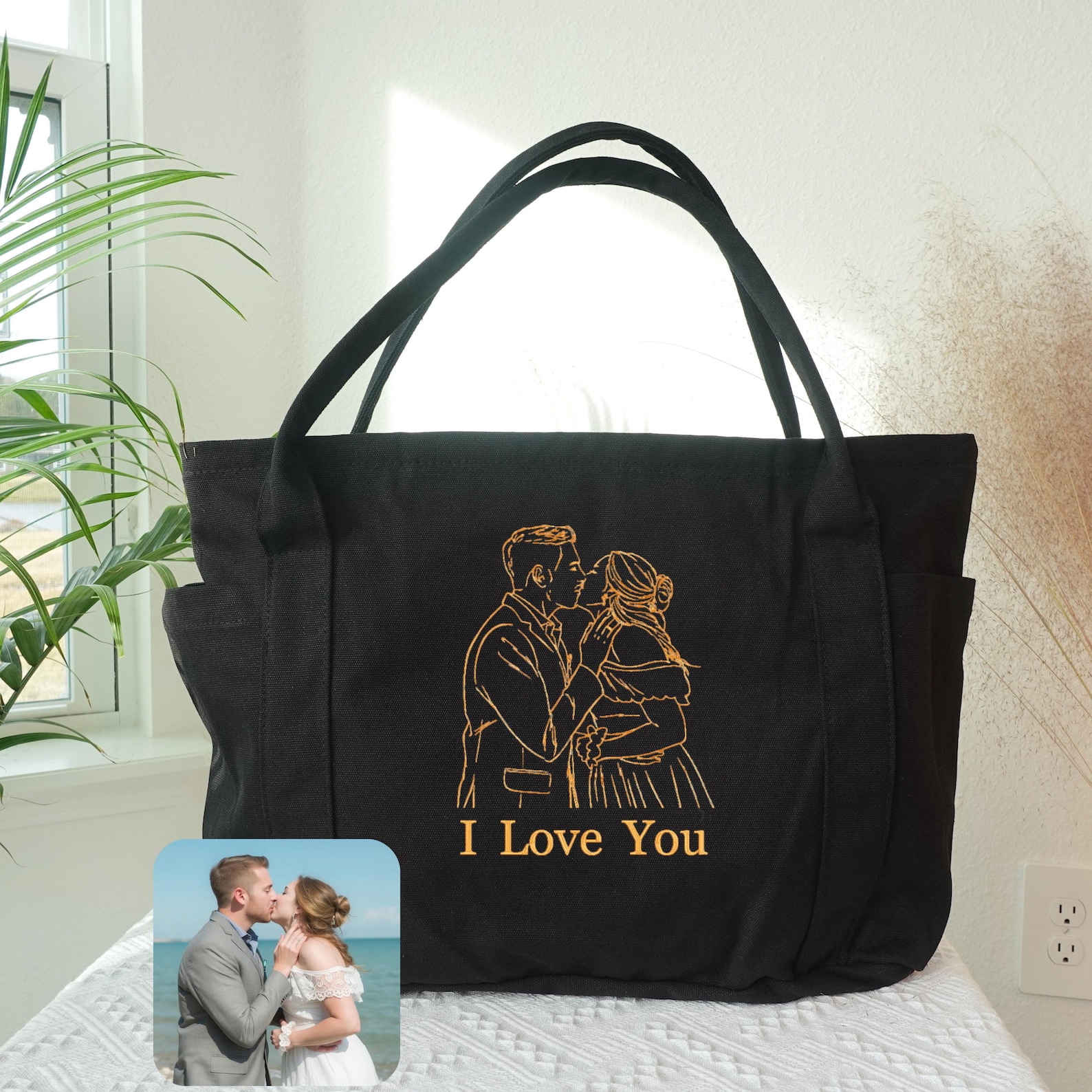 Custom Photo Embroidered Canvas Tote Bag: Personalized Valentine's Gift, Romantic totes, Love anniversary bag, Family trip duffle.