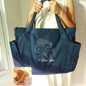 Custom Photo Embroidered Canvas Tote Bag: Personalized Valentine's Gift, Romantic totes, Love anniversary bag, Family trip duffle.