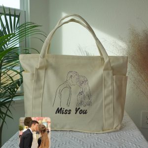 Custom Photo Embroidered Canvas Tote Bag: Personalized Valentine's Gift, Romantic totes, Love anniversary bag, Family trip duffle.