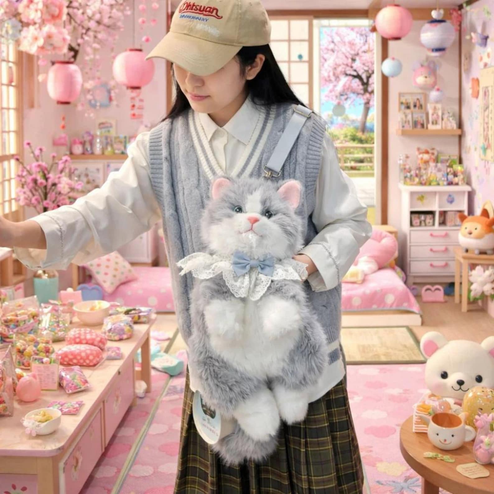 Cute Cat Plush Backpack Lolita Fairycore Y2K Soft Kawaii Bag