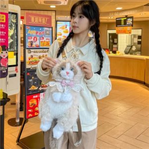 Cute Cat Plush Backpack Lolita Fairycore Y2K Soft Kawaii Bag