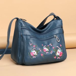 Embroidered Soft Leather Elongated Shoulder Bag for Middle-aged Adults