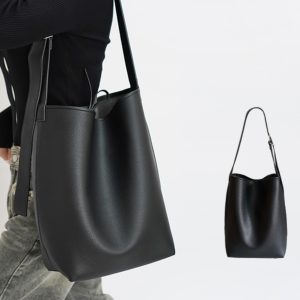 Large Capacity Solid Color Simple Lychee Pattern Bucket Bag