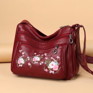 Embroidered Soft Leather Elongated Shoulder Bag for Middle-aged Adults