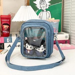 Denim Mini Ita Bag – 2-Sided Transparent Badge Display Crossbody Shoulder Purse for Women