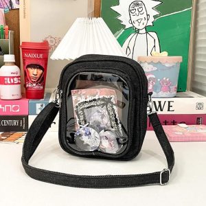 Denim Mini Ita Bag – 2-Sided Transparent Badge Display Crossbody Shoulder Purse for Women