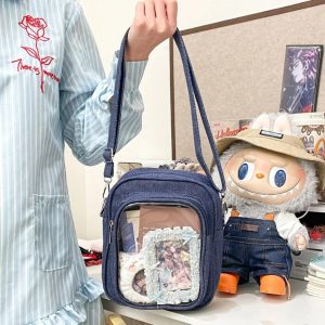 Denim Mini Ita Bag – 2-Sided Transparent Badge Display Crossbody Shoulder Purse for Women