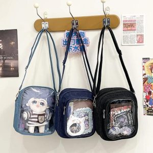 Denim Mini Ita Bag – 2-Sided Transparent Badge Display Crossbody Shoulder Purse for Women