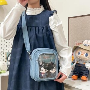 Denim Mini Ita Bag – 2-Sided Transparent Badge Display Crossbody Shoulder Purse for Women