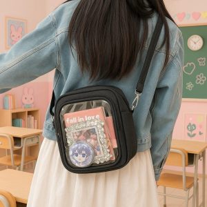 Denim Mini Ita Bag – 2-Sided Transparent Badge Display Crossbody Shoulder Purse for Women