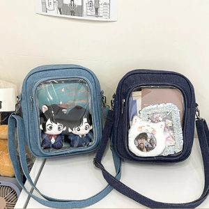 Denim Mini Ita Bag – 2-Sided Transparent Badge Display Crossbody Shoulder Purse for Women