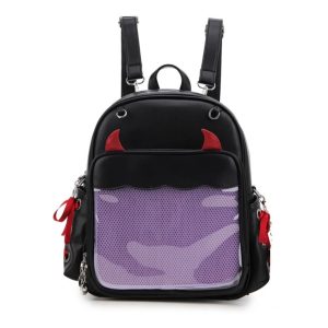 Devil Horns Ita Backpack – Gothic Halloween Badge Display Clear Pocket Punk Crossbody Daypack Women