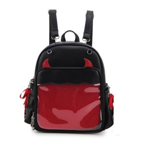 Devil Horns Ita Backpack – Gothic Halloween Badge Display Clear Pocket Punk Crossbody Daypack Women