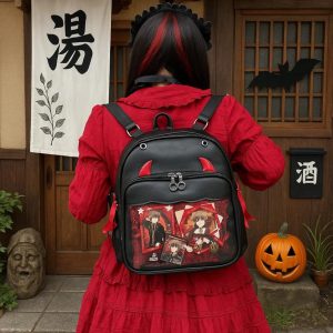 Devil Horns Ita Backpack – Gothic Halloween Badge Display Clear Pocket Punk Crossbody Daypack Women