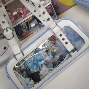 Double-Sided Ita Bag with Clear Window | Kawaii White Blue Anime Display Bag | Star Heart Cutout Shoulder Bag for Pins Charms