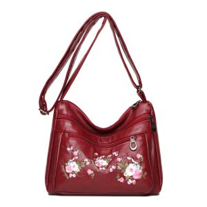 Embroidered Soft Leather Elongated Shoulder Bag for Middle-aged Adults