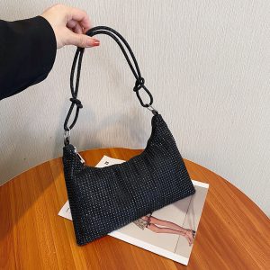 Women's Solid-color Shiny Faux Rhinestone Zipper-k - Elongated Shoulder Bag