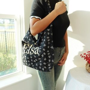 Embroidered Aesthetic Hobo Bag, Personalized Floral Tote Bag, Custom Name Shoulder Bag, Bridesmaid totes, Ditsy Print Wedding Party Bag.