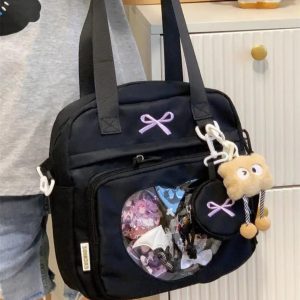 Embroidered Bow Ita Bag – Nylon Crossbody Tote with Coin Purse