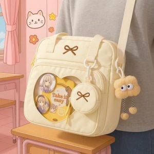 Embroidered Bow Ita Bag – Nylon Crossbody Tote with Coin Purse