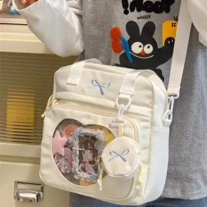 Embroidered Bow Ita Bag – Nylon Crossbody Tote with Coin Purse