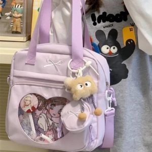 Embroidered Bow Ita Bag – Nylon Crossbody Tote with Coin Purse