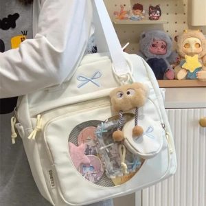 Embroidered Bow Ita Bag – Nylon Crossbody Tote with Coin Purse