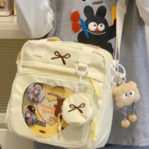 Embroidered Bow Ita Bag – Nylon Crossbody Tote with Coin Purse